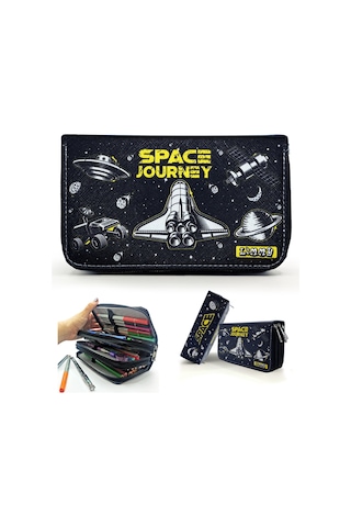 Kalem Kutusu Siyah Mekik Space Kawai Organizer Kalemkutu Vegan Deri Üç Bölmeli Kalemlik Siyah Siyah