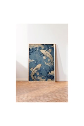 Mavi Tonlarda Koi Balıkları Ve Japon Dalgaları Temalı Ahşap Çerçeveli Tablo, 30 X 40 Cm