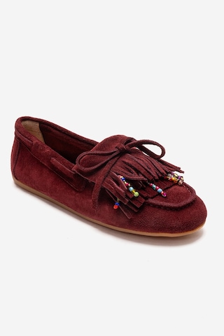 Luvishoes Evelyn Bordo Süet Hakiki Deri Püsküllü Boncuklu Kadın Loafer Ayakkabı