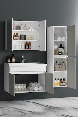 Çiğdem 80+35 Cm Beyaz-inox Balon Mdf Seramik Lavabolu Asma Banyo Dolabı Takımı Beyaz - Inox
