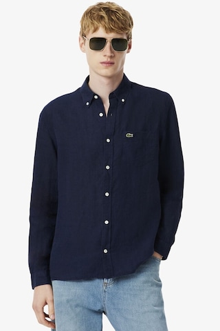 Lacoste Men's Regular Fit Button-down Collar Linen Shirt Erkek Düğmeli Yaka Keten Gömlek Lacivert
