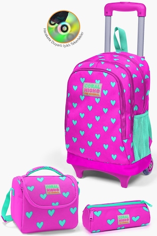 Coral High Kids Neon Pembe Su Yeşili Kalp Desenli Çekçekli 3'lü Çanta Seti Set0123133