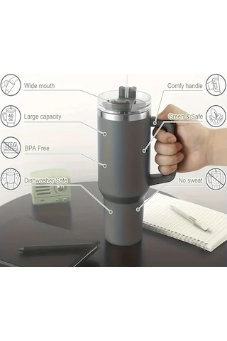 Besthome1 Paslanmaz Çelik Yalıtımlı Bardak - Taşınabilir Saplı, Pipetli, Araba Saplı, Sızdırmaz Termos Mavi Mavi