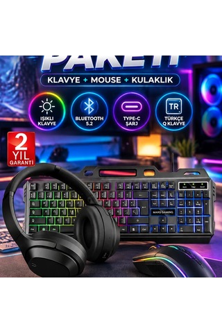 Işıklı Türkçe Q Klavye Ve Mouse Seti + Bluetooth 5.2 Type-c Kulaklık Oyuncu Paketi