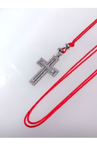 925 Ayar Gümüş Zirkon Taşlı Kırmızı İp Haç Tasarım Choker Kadın Kolye