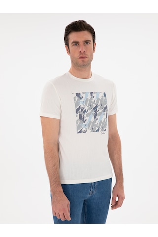 Beyaz Slim Fit Bisiklet Yaka Baskılı T-shirt