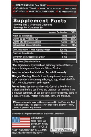 Force Factor, Deer Antler Velvet Testo Igf-1 , 60 Capsules