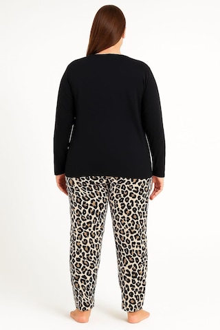 Kadın 08048 Büyük Beden Leopar Desen Pijama Takımı Siyah Siyah