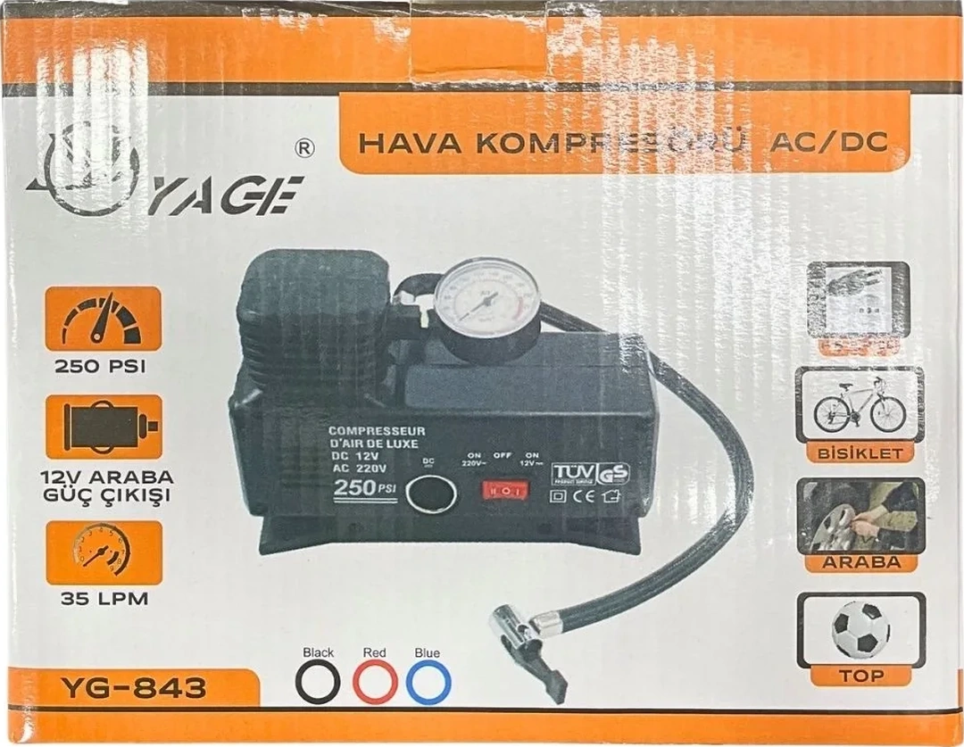 220 Volt-12 Volt 250 Psi Kompresör Lastik Hava Şişirme Oto Pompası Fişli Ve Çakmaklı Yage-843 5256