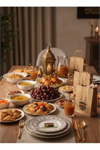 Ramazan Hediyelik Paketleme Çantası, 3lü Paket, Kabe Baskılı Kraft Kağıt Çanta Seti, 8x18x23 Cm