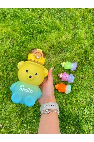 Smile Ayıcıklı Renkli 800 Ml Matara Su Şişesi Tritan Bpa Içermez Sticker Hediyeli Pembe Plastik Diğer