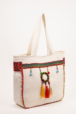 Fabric Craft Bag Omuz Çanta Bohem Detaylı Krem Kanvas 45x40 Cm Astarlı Günlük Çanta