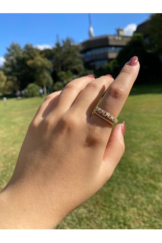 İki Sıra Taşlı Gold Kadın Zarif Yüzük Sevgiliye Hediye Altın
