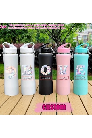 Trendooze Gaojunshop01 25oz Unicorn Vakum Termos, Uv Baskılı Paslanmaz Çelik Matara, Özel İsimli, Pembe Pembe
