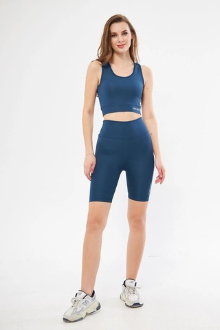 Lesa Wear Yüksek Bel Likralı Toparlayıcı Kısa Şort Tayt Crop Takım Mavi