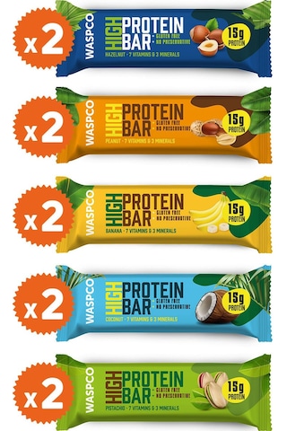 Waspco Yüksek Protein Bar 5 Çeşit Karma Paket 10 x 50 G
