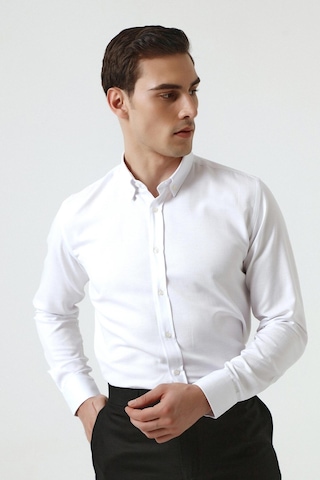 D's Damat Slim Fit Armürlü Düğmeli Yaka Pamuklu Erkek Gömlek - Beyaz 5HC02ORT07265 Beyaz
