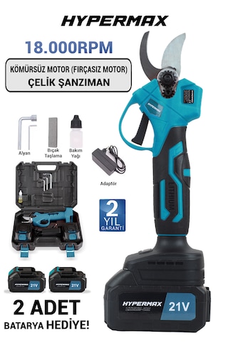 Hypermax Dk-911 Çift Akülü Çelik Şanzuman Göstergeli Şarjlı Dal Ağaç Kesme Bağ Budama Makası