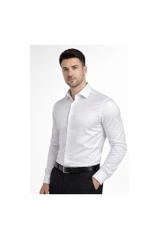 Classics Men Slim Fit Uzun Kollu Kolay Ütü Pamuk Saten Erkek Gömlek Beyaz