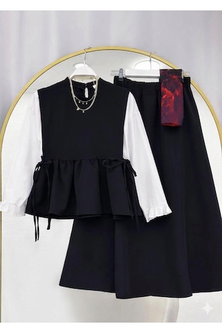 Lovie Moda Kadın Kolu Büzgülü Etekli Takım - Siyah