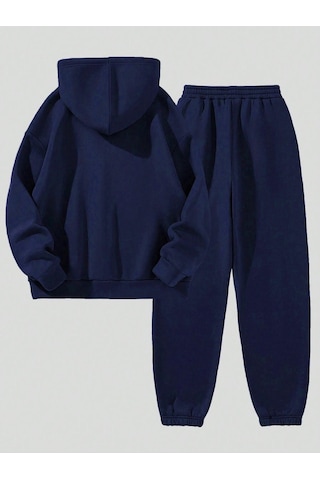 California Minimal Yazı Eşofman Takımı Sweatshirt Jogger - Lacivert Baskılı Şardonlu Kapüşonlu Lacivert