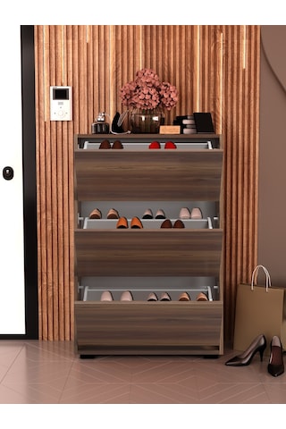 Skeche Düşer Kapak Ayakkabılık Raflı Ayakkabılık 3 Bölmeli Ayakkabılık Ceviz Ceviz