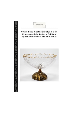 Vitrin Süsü Gösterişli Obje Salon Aksesuarı Gold Detaylı Eskitme Ayaklı Dekoratif Cam Sunumluk