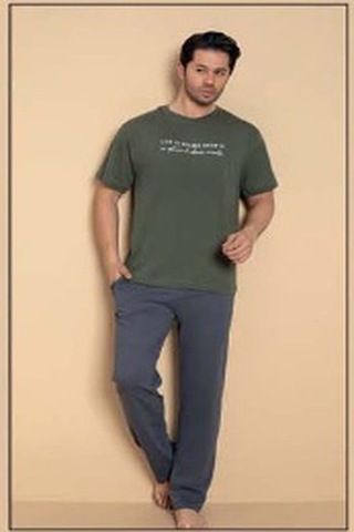 Pijamerry Erkek Bisiklet Yaka Kısa Kol Penye Pijama Takımı 6133 - 1 Adet Haki
