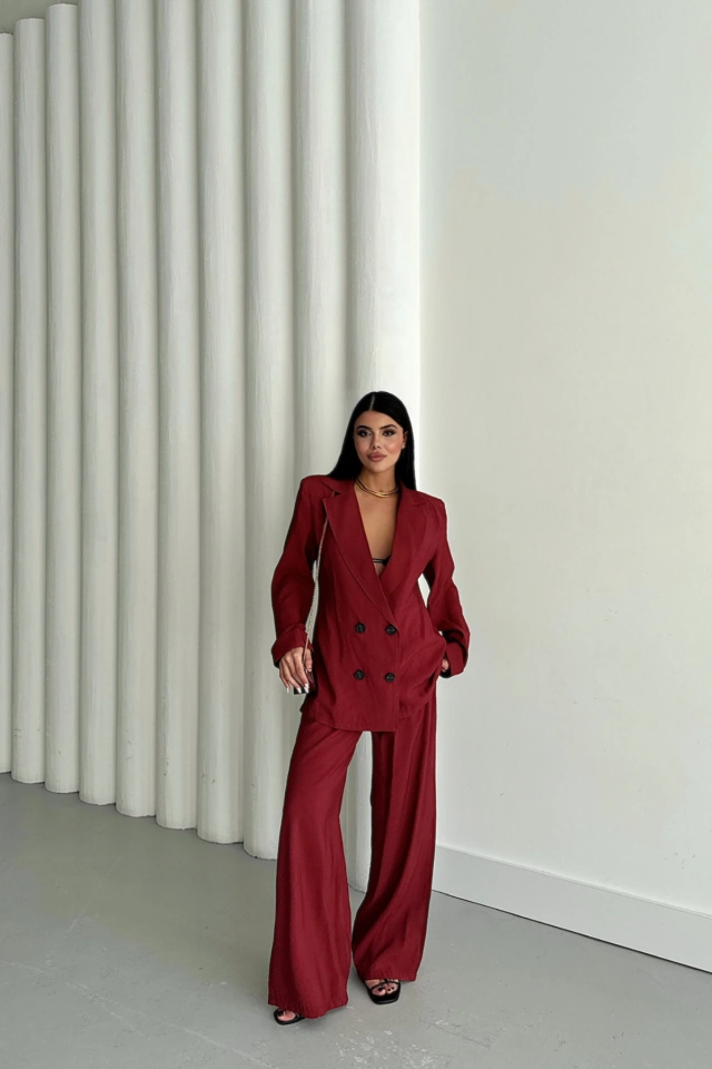S-pazarım Modal 4 Düğme Astarsız Ceket - Pantolon Takım - Bordo Bordo