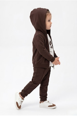 Toontoy Kids Toontoy Kız Çocuk 3'lü Eşofman Takımı Uzun Kollu Bisiklet Yaka Nakışlı T-shirt - Kapüşonlu Fermuarlı Hırka- Beli Paçası Lastikli Eşofman Altı 25042 Kahve