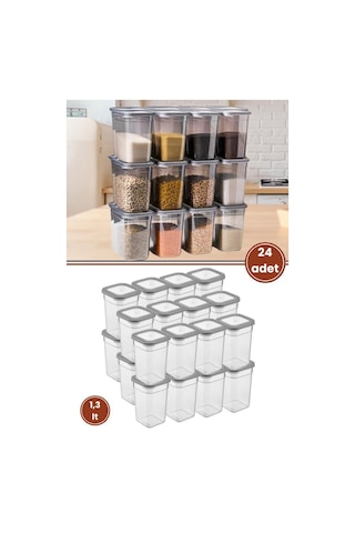 Flora Kare Erzak Saklama Kabı 24'lü Set, Gıda Baharat Bakliyat Saklama Kabı Orta Boy 24x 1,3 Lt Şeffaf Gri