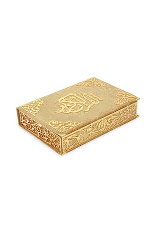 İsimli Kişiye Özel Kadife Kaplı Lazer Kesim Desenli Kuranı Kerim Sandıklı Hediye Seti - Gold