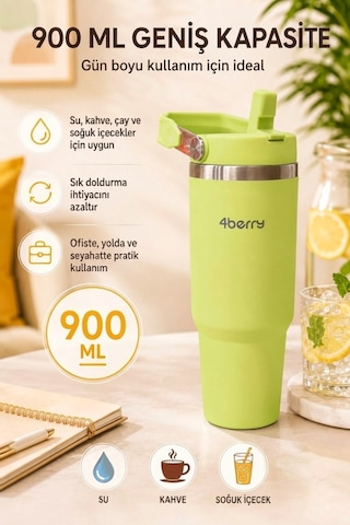 Ss119 900 Ml Çelik Termos Bardak Pipetli Kulplu Taşınabilir Su Matarası Yeşil