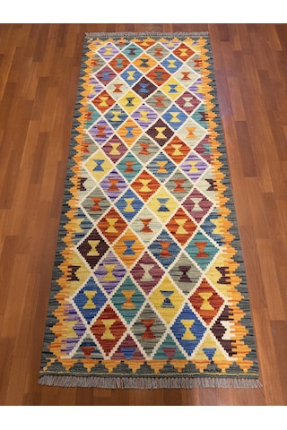 El Dokuma Afgan Kilim 100% Yün Harıka Desenlı Yolluk Çok Renkli
