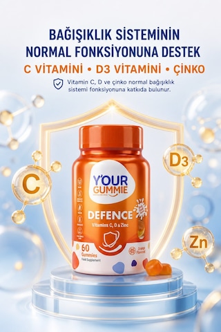 Y'our Gummie Defence C Vitamini Çinko ve D3 Gummies Portakal Aromalı 60 Gummies