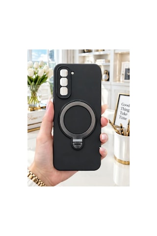 İnfinix Hot 70 4g İle Uyumlu 360 Derece Dönebilen Kalın Metal Magsafe Halka Stantlı İçi Kadife Korumalı Ultra Lüx Premium Silikon Kılıf Siyah