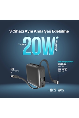 Ttec Recharger Mini LCD 10.000 mAh PD 20W USB-C Ve Lightning Dahili Kablolu Taşınabilir Hızlı Şarj