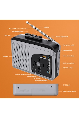 Ezcap-234 Kaset Teyp Oynatıcı Taşınabilir Am - Fm Radyo - Gri - Siyah