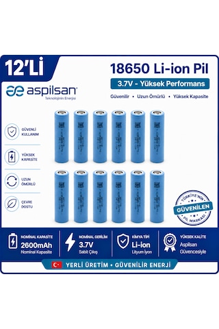 Aspilsan 18650 2600mah 3.7v Li-ion Şarjlı Pil 12'li Paket Inr18650a28 Lityum İyon Batarya Powerbank, E-bisiklet, Ups Ve Solar Sistemler İçin