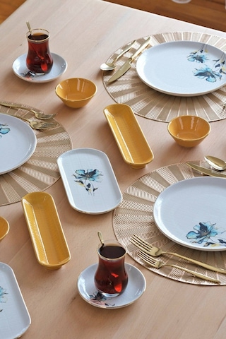 Asya Blue Flower Altın Yaldızlı 32 Parça 6 Kişilik Seramik Kahvaltı Takımı Altın