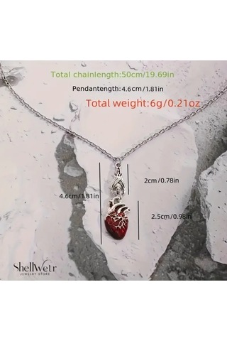 Rubicore Dramatik Gotik Tarz Kırmızı Kalpli 925 Ayar Gümüş Zincir Unisex Kolye Gümüş