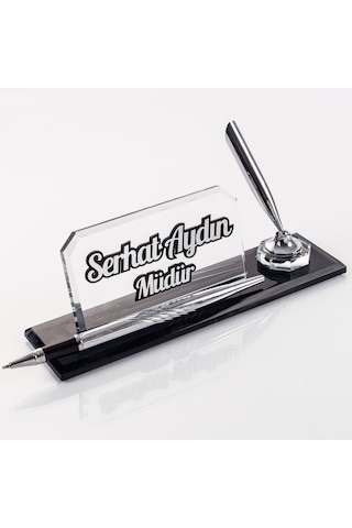 İnce Tasarım Kristal Masa İsimliği Kalemli Şık Ofis