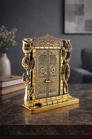 Taş İşlemeli Gold Renkli Allah & Muhammed S.a.v Kâbe Kapısı Figürlü Taşlı Masa Üstü Biblo 25 Cm Sarı