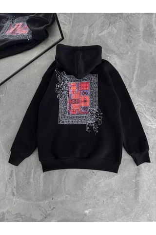 Snakewear Uzun Kol Kapşonlu Ön Ve Arka Baskılı Sweatshirt - Siyah Siyah