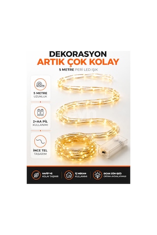 5 Metre Pilli Peri Led Işık Gün Işığı Dekoratif Tel Aydınlatma 2 Aa Kalem Pil İle Çalışan Oda Süsü Sarı