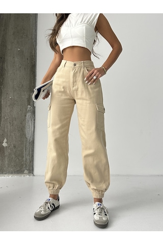 Kadın Paça Lastik Kargo Cep Keten Mom Pantolon Bej