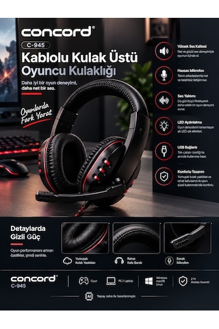 Concord C-945 Kablolu Kulak Üstü Oyuncu Kulaklığı Usb Led Aydınlatmalı Mikrofonlu Gaming Kulaklık