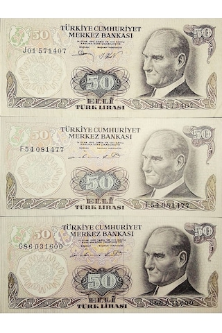 6. Emisyon 50 Türk Lirası. 3 Adet Değışık Harf Eski Koleksiyon Kağıt Para. Hobi Kağıt Para.