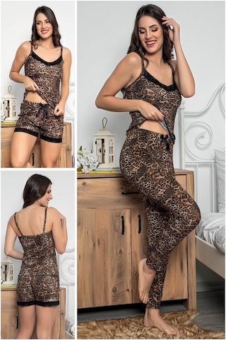 Myben Kadın Leopar Desenli Dantel Detaylı Şortlu Ve Taytlı Pijama Takımı 3'lü Set 75000 Kahverengi