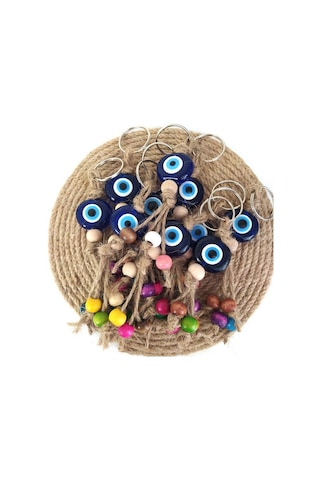 10 Adet Anahtarlık Kötü Göz Kovucu Nazar Hand Made Hasır Renkli Ahşap Boncuklu Nazarlık Çanta Araba Süsü